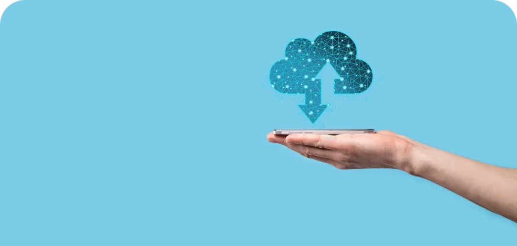 man hold cloud icon technology polygonal wireframe cloud storage sign with two arrows up down cloud computing big data center future infrastructure digital ai concept virtual hosting symbol