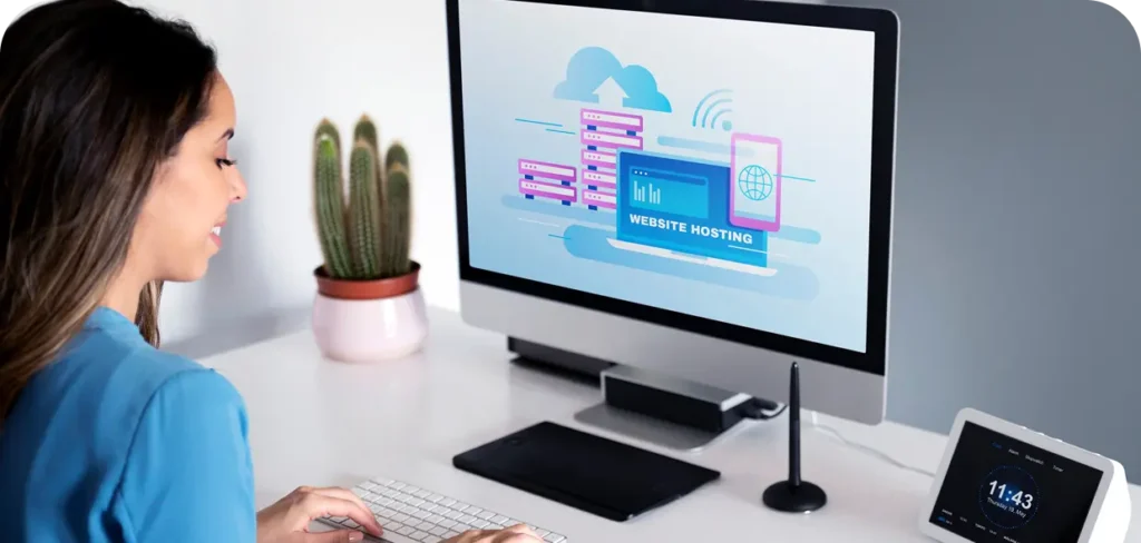 website hosting concept with woman working computer